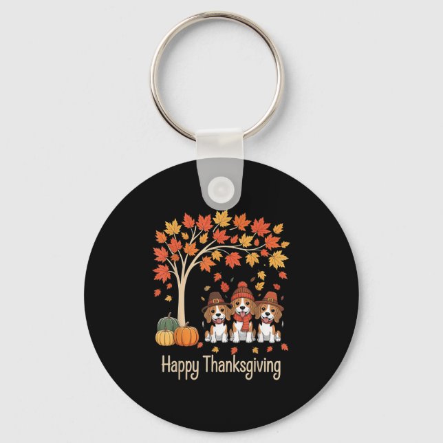 Cute Three Beagle Dogs Pumpkins Fall Tree Happy Th Key Ring (Front)