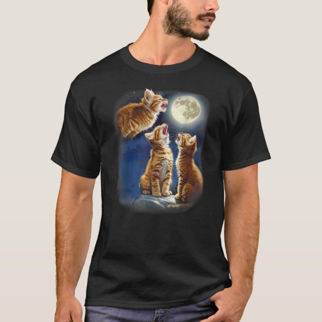 Cute Three Cat  3 cat Moon Howling 3 Wolfs Funny K T-Shirt (Front)