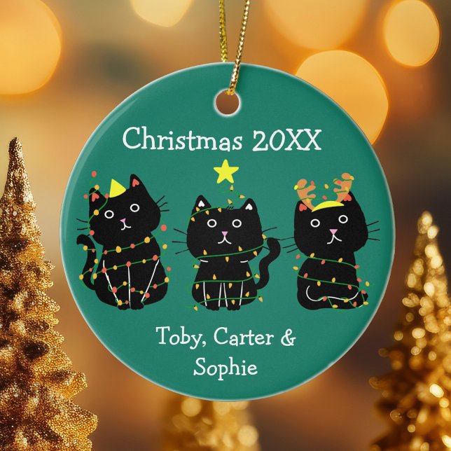 Cute Three Cat Christmas Lights Custom Names Green Ceramic Ornament (Creator Uploaded)
