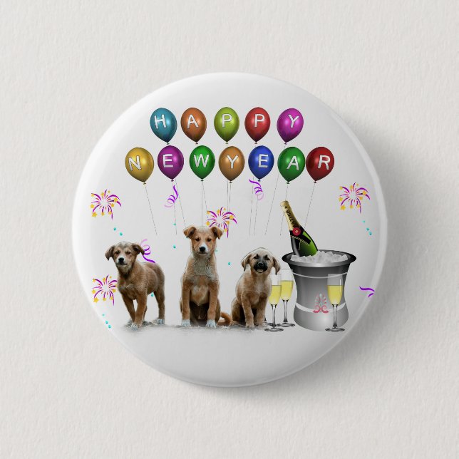 Cute Three Dogs Wishing Happy New Year 2016 6 Cm Round Badge (Front)