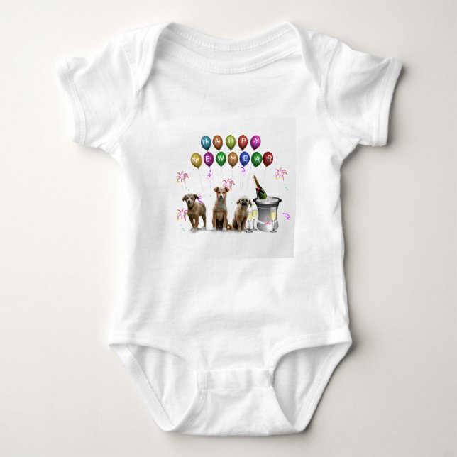 Cute Three Dogs Wishing Happy New Year 2016 Baby Bodysuit (Front)