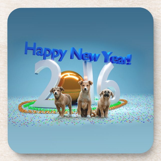 Cute Three Dogs Wishing Happy New Year 2016 Coaster (Front)