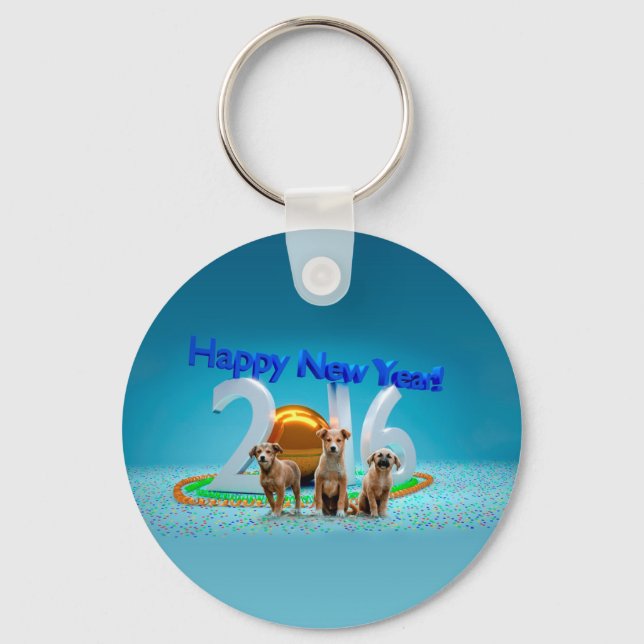 Cute Three Dogs Wishing Happy New Year 2016 Key Ring (Front)