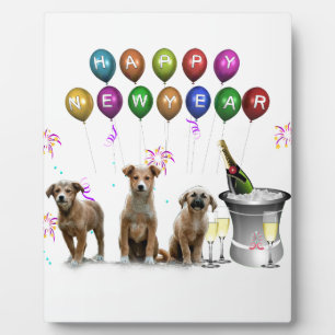 Cute Three Dogs Wishing Happy New Year 2016 Plaque