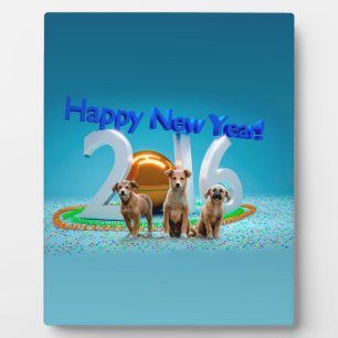 Cute Three Dogs Wishing Happy New Year 2016 Plaque