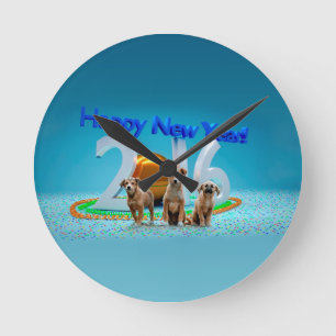 Cute Three Dogs Wishing Happy New Year 2016 Round Clock
