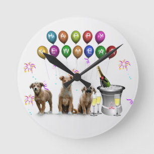 Cute Three Dogs Wishing Happy New Year 2016 Round Clock