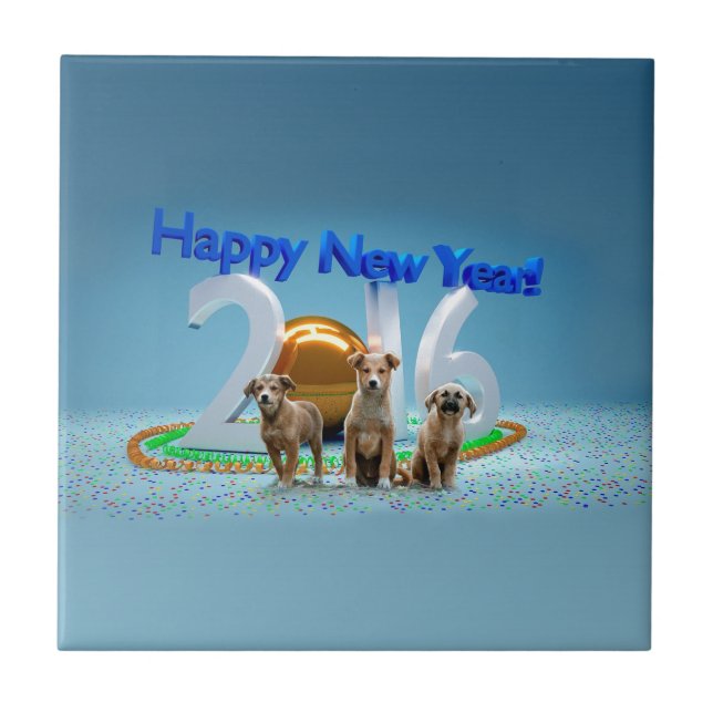 Cute Three Dogs Wishing Happy New Year 2016 Tile (Front)