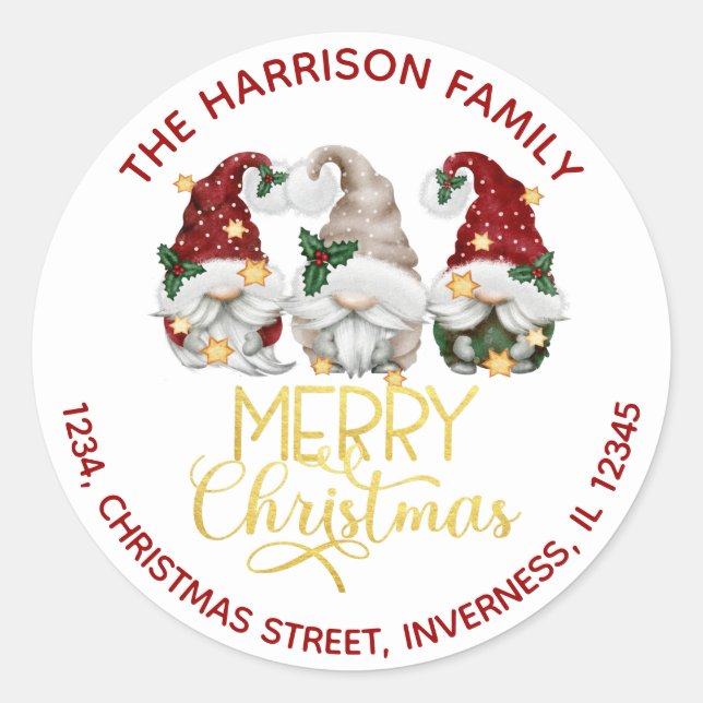 Cute Three Gnomes Merry Christmas Address Classic Round Sticker (Front)
