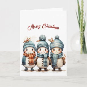 Cute Three Happy Snowmen Illustration Christmas  Card