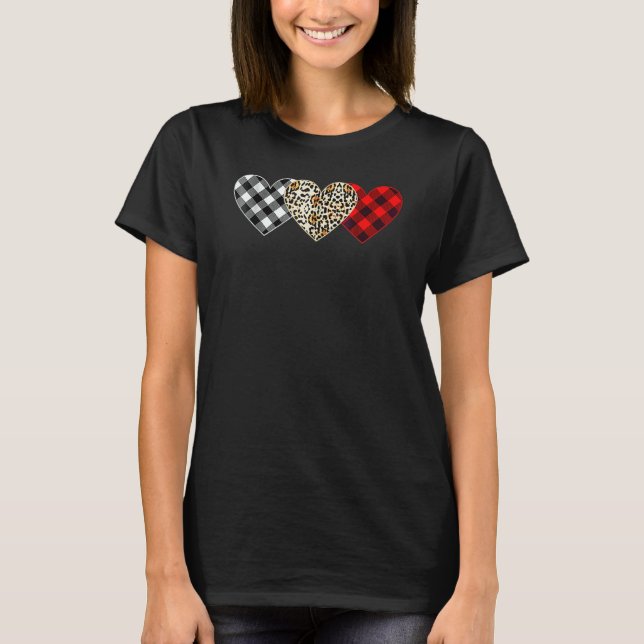 Cute Three Heart Leopard Buffalo Red Black Plaid V T-Shirt (Front)