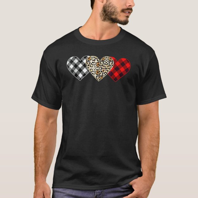 Cute Three Heart Leopard Buffalo Red Black Plaid V T-Shirt (Front)
