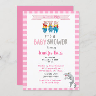 Cute Three Little Pigs Theme Pink Baby Shower     Invitation