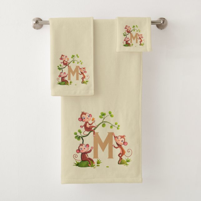 Cute Three Monkeys and Golden Monogram on Beige Bath Towel Set (Insitu)