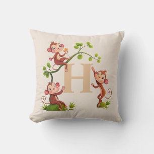 Cute Three Monkeys and Golden Monogram on Beige Cushion