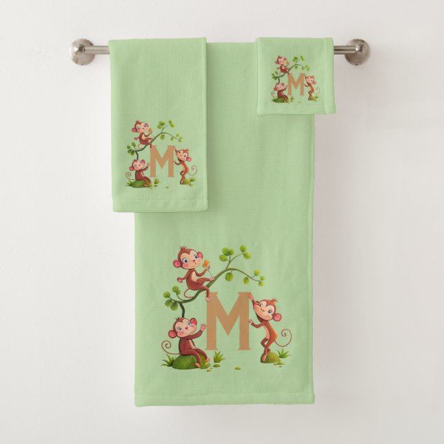 Cute Three Monkeys and Golden Monogram on Green Bath Towel Set (Insitu)