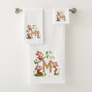 Cute Three Monkeys and Golden Monogram on White Bath Towel Set