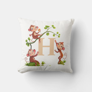 Cute Three Monkeys and Golden Monogram on White Cushion