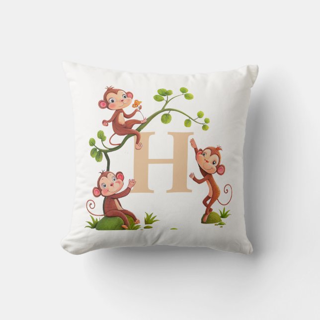 Cute Three Monkeys and Golden Monogram on White Cushion (Front)