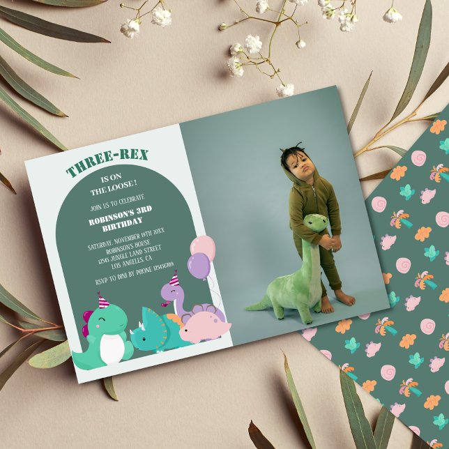 Cute three-rex 3rd dinosaur birthday Photo Invitation (Creator Uploaded)