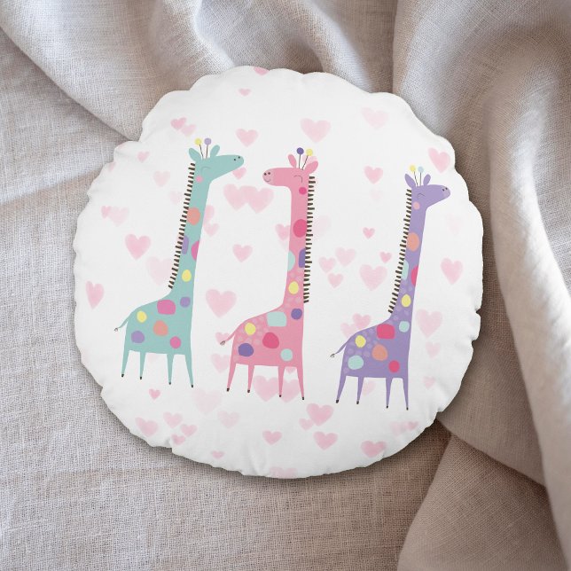 Cute Three Spotted Giraffes on Hearts Kid's Round Cushion (Creator Uploaded)