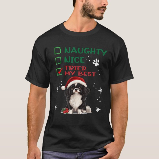 Cute Tibetan Spaniel Dog Christmas Naughty Nice Tr T-Shirt (Front)