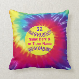 Cute Tie Dye Softball Throw Pillows PERSONALIZED