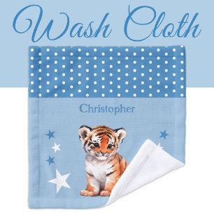 Cute tiger add name polka dots stars blue wash cloth