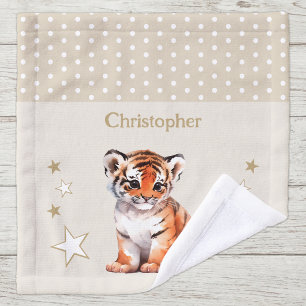 Cute tiger add name polka dots stars brown wash cloth
