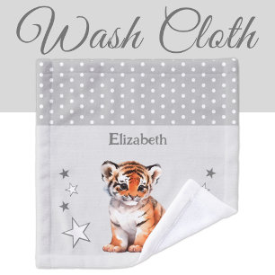 Cute tiger add name polka dots stars grey wash cloth