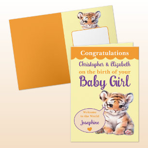Cute tiger add names orange purple baby girl card