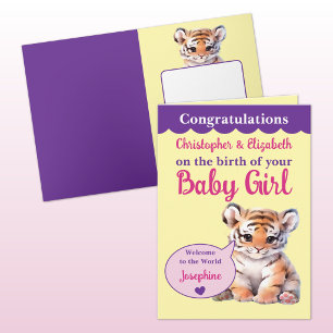 Cute tiger add names pink purple baby girl card