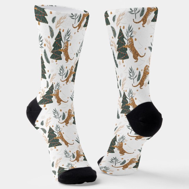 Cute Tiger and Christmas Trees Pattern On White Socks (Angled)