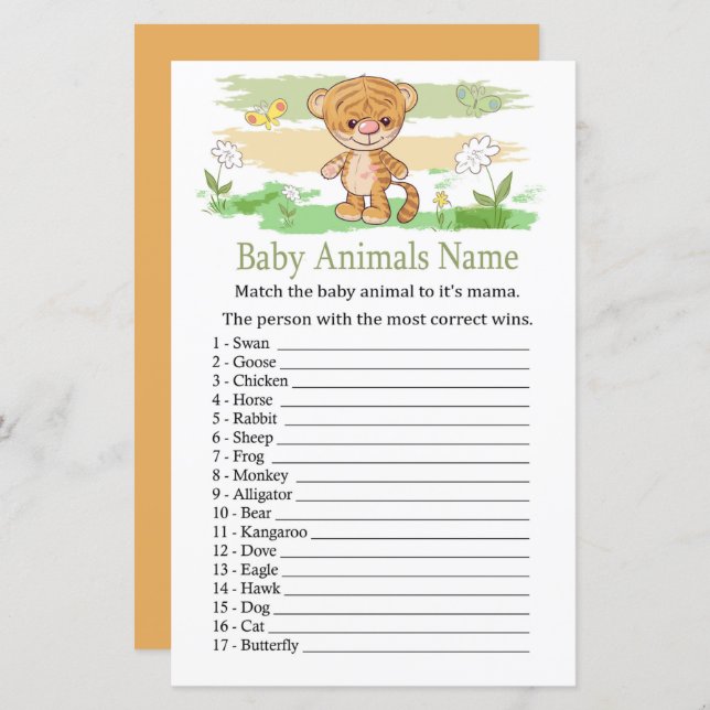 Cute Tiger Baby Animals Name Game (Front/Back)