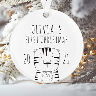 Cute Tiger Babys First Christmas Black White Ornament