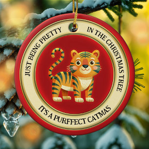 Cute Tiger Cat Illustrated Christmas Ceramic Ornament
