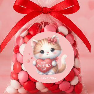 Cute Tiger Cat Red Heart Happy Valentine's Day Classic Round Sticker