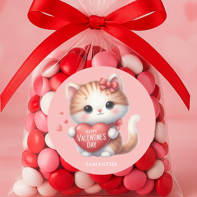 Cute Tiger Cat Red Heart Happy Valentine's Day Classic Round Sticker (Cute cat Valentine's Day sticker)