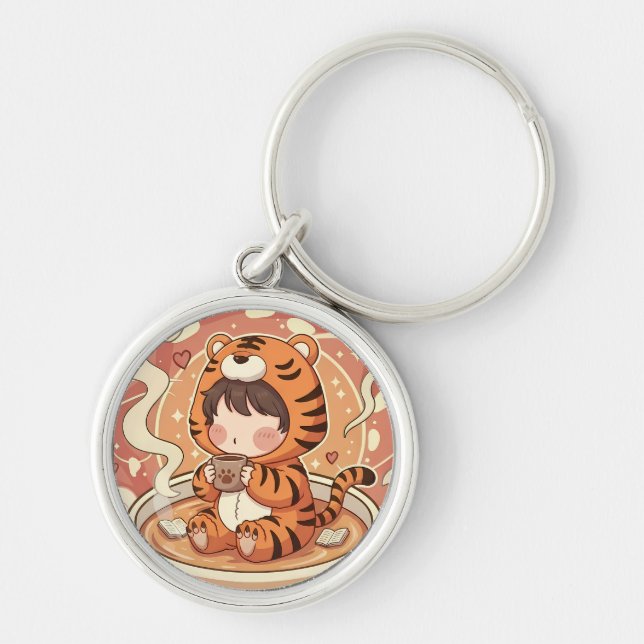 Cute Tiger Coffee Book Art Key Ring (Front)