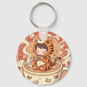 Cute Tiger Coffee Book Art Key Ring