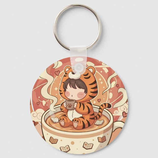 Cute Tiger Coffee Book Art Key Ring (Front)