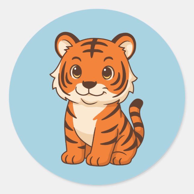 Cute Tiger Cub on Blue Classic Round Sticker (Front)