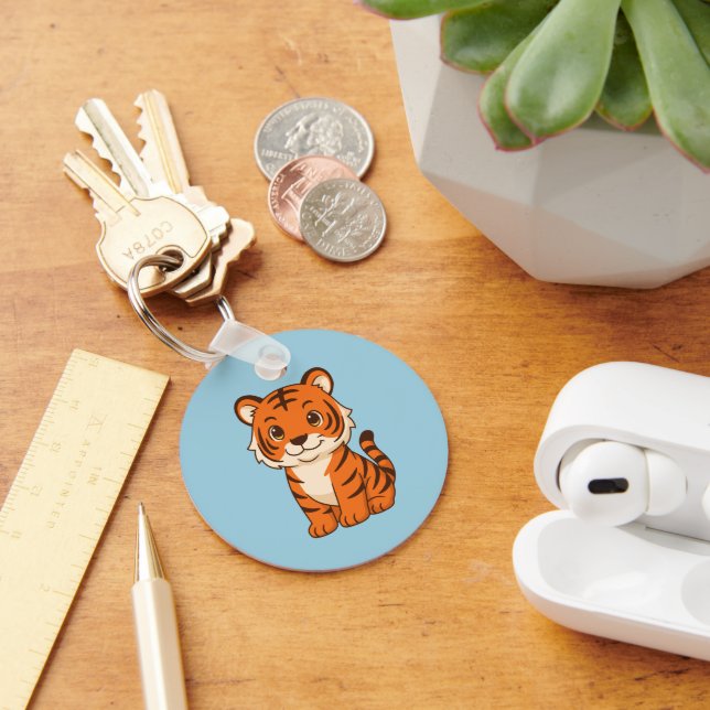 Cute Tiger Cub on Blue Key Ring (Desk)