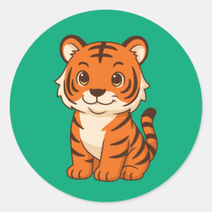 Cute Tiger Cub on Green Classic Round Sticker
