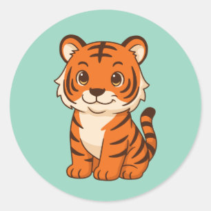 Cute Tiger Cub on Green Classic Round Sticker