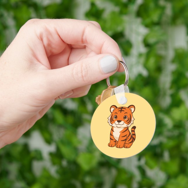 Cute Tiger Cub on Yellow Key Ring (Hand)