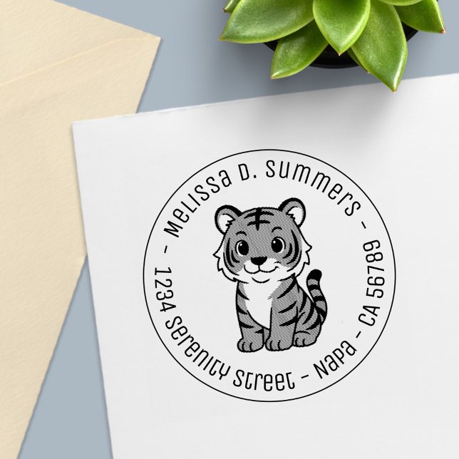Cute Tiger Cub Round Address Self-inking Stamp (Creator Uploaded)