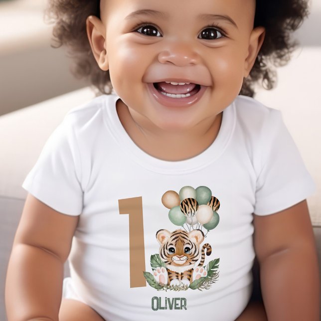 Cute Tiger Cub Wild One Boy 1st Birthday Baby T-Shirt (1st Birthday Baby Bodysuit With Cute Tiger Cub)
