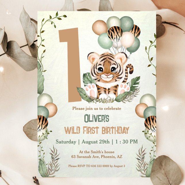 Cute Tiger Cub Wild One Boy 1st Birthday Invitation (Cute Tiger Safari 1st Birthday Invitation)
