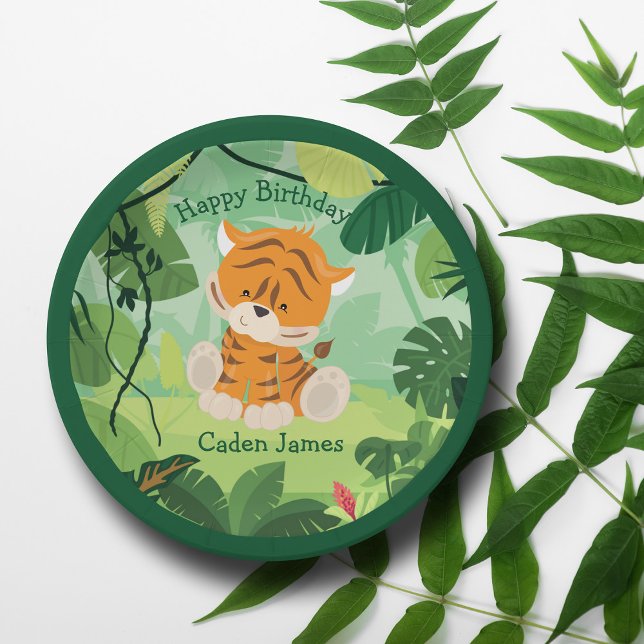 Cute Tiger Custom Kids Safari Birthday Party Boy Paper Plate (Creator Uploaded)
